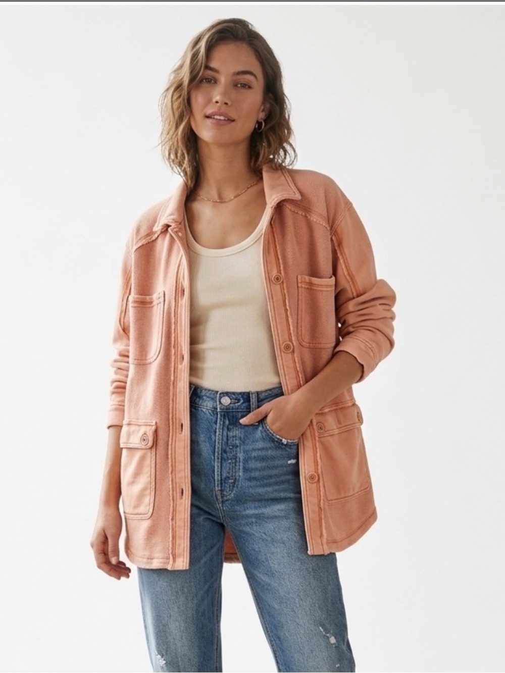 Anthropologie Pilcro Utility Shacket - Button Down Peach Coral Pink 1X